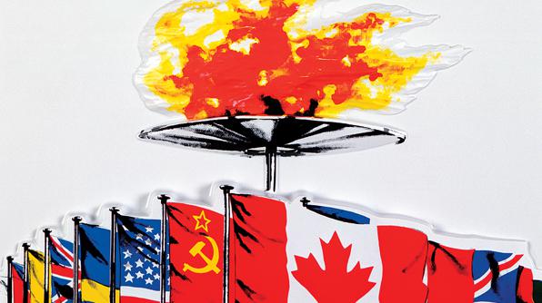 An old photo of flags from different countries under the Olympic torch
