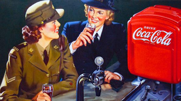 An old advertisement from the 1940s of two soldiers drinking Coca-Cola