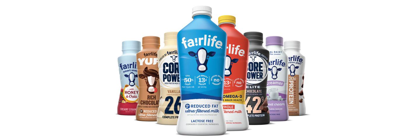 line up of fairlife bottles in a variety of flavours