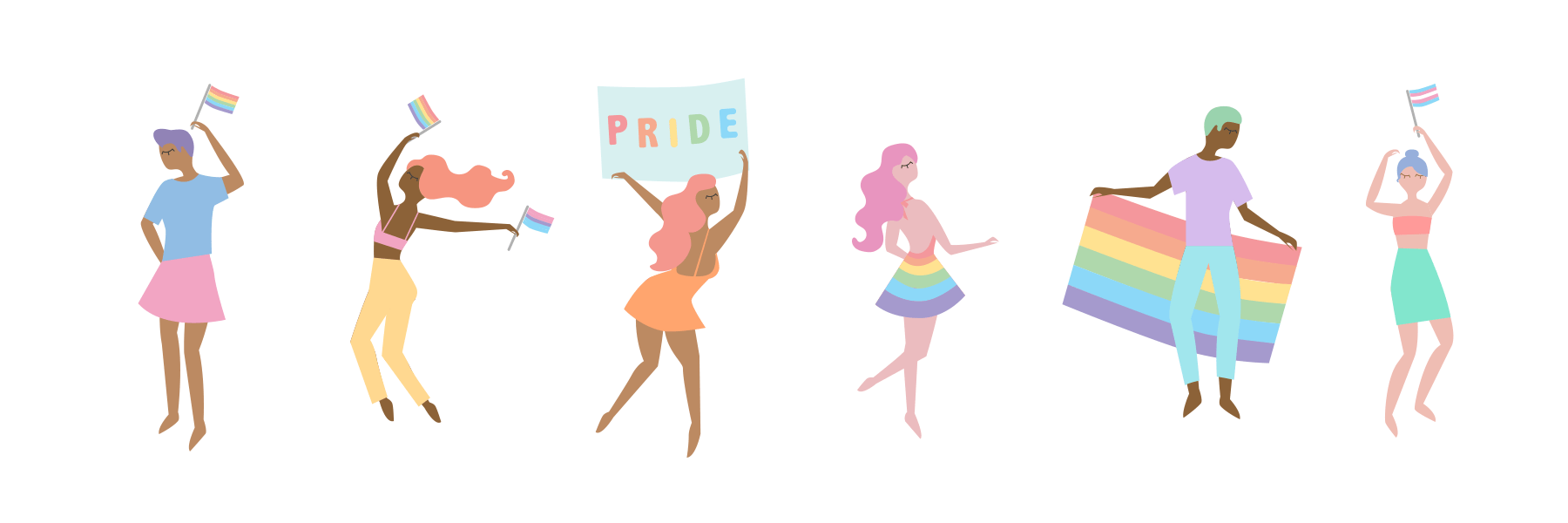 A graphic of diverse group of people celebrating Pride Month and the LGTBQA community