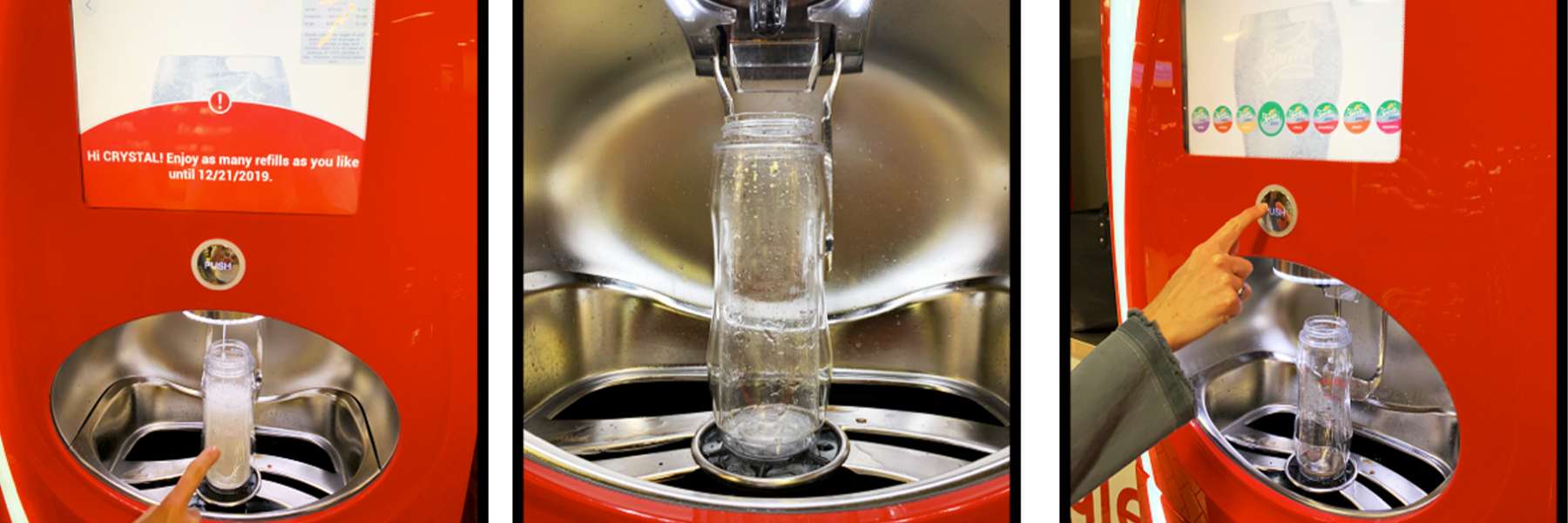 Photo collage of a fountain drink machine pouring soda in a reusable bottle