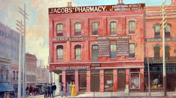 A photo of St. Jacob's Pharmacy in the 1800s 
